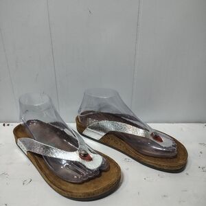 Wolkenwerk Leather‎ Footbed Sandals Metallic Silver Thong Size 37 US 6.5–7